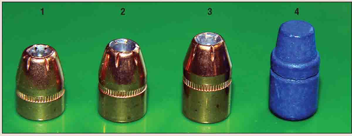 Bullets used to test the Kimber K6s DASA revolver with 38 Special and 357 Magnum loads included: (1) Hornady 110-grain XTP, (2) Hornady 125-grain XTP, (3) Hornady 140-grain XTP and (4) Blue Bullets 158-grain SWC.